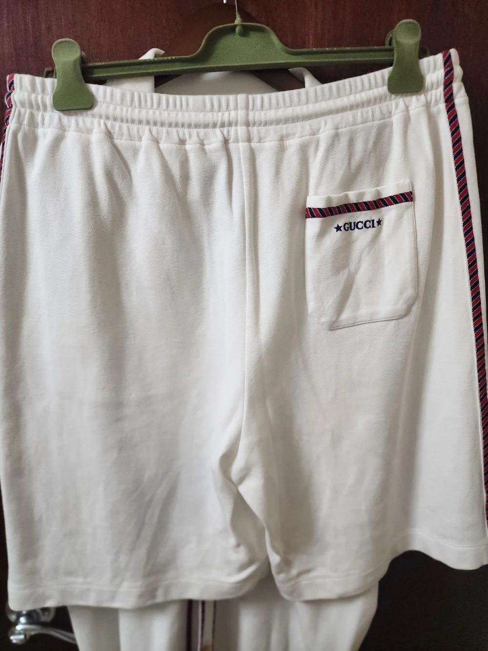 Gucci Men’s White Short-Sleeve Button Shirt and Matching Shorts with Stripe Trim